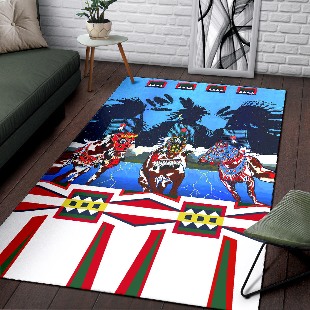 Blue horse costume area rug with four horse figures, footprints, and red-white-green stripes