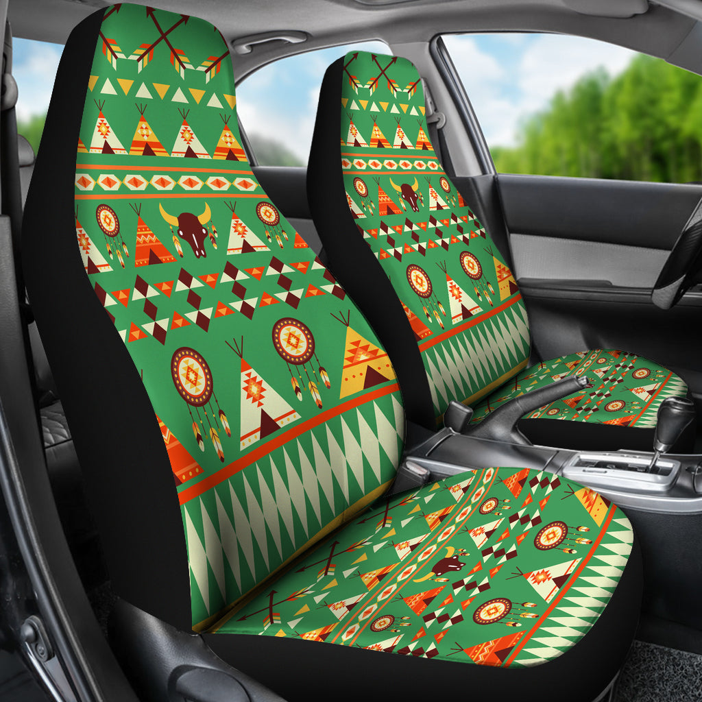 Green bison motif car seat covers with matching cushion and back panels