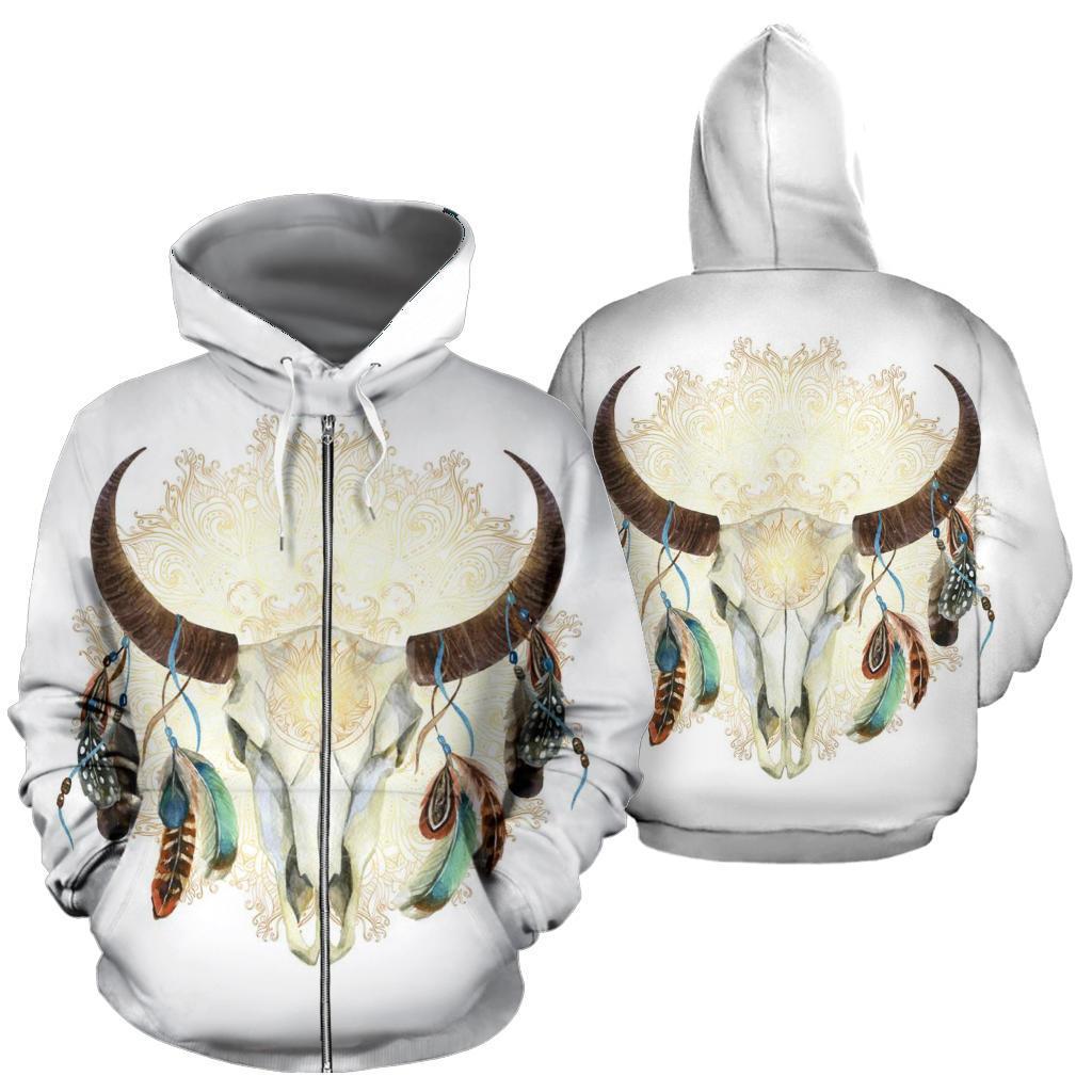 Mandala White Bison Native American All Over Zip Up Hoodie LT10 - Wonder Print Shop