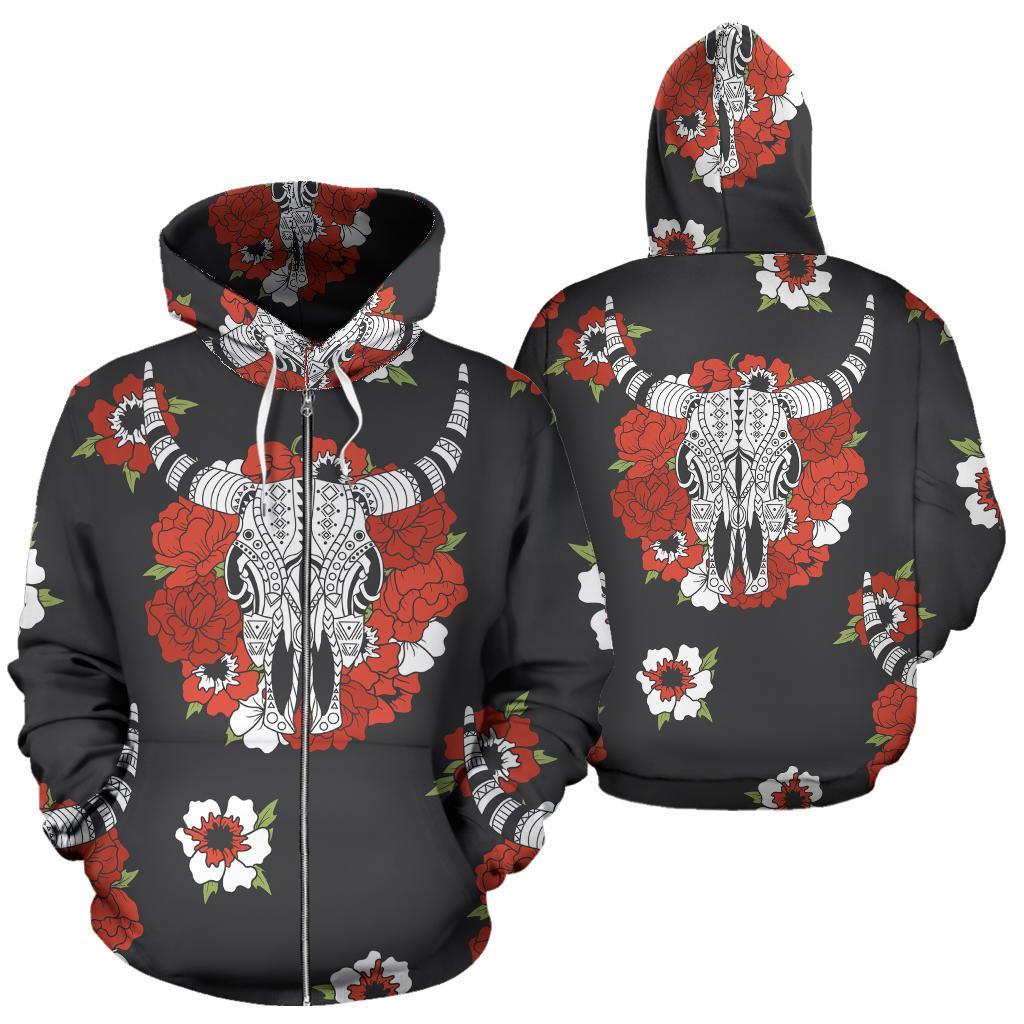 Bison Head Red Rose 3D Zipper Hoodie Native American LT10 - Wonder Print Shop