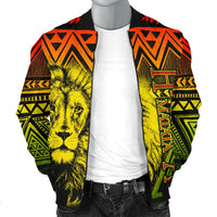 Unisex yellow bomber jacket with large lion artwork panel, black ribbed cuffs