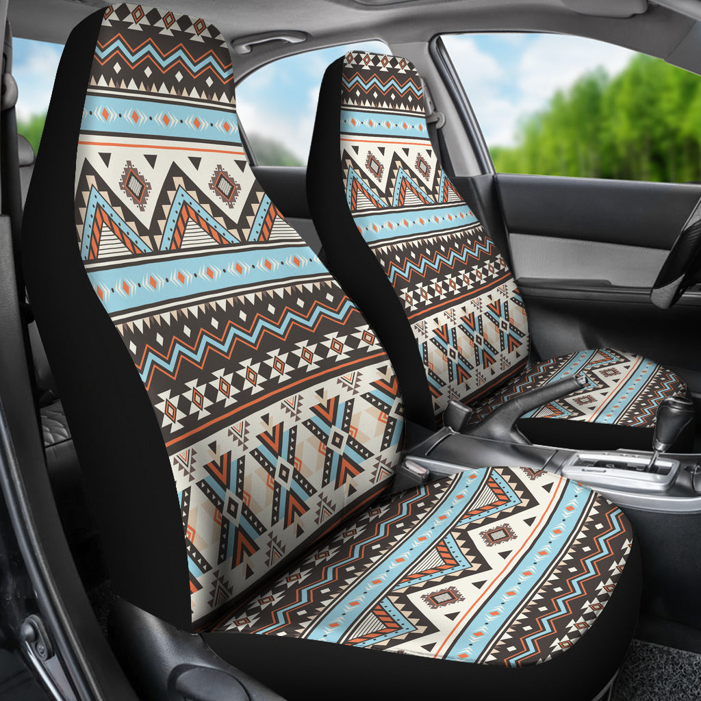Colorful tribal striped seamless front seat covers with patterned backrests and cushions