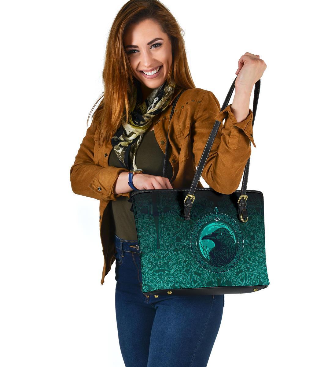 Viking Small Leather Tote Bag, Ethnic Odin Raven Cyan RLT12 - Wonder Print Shop