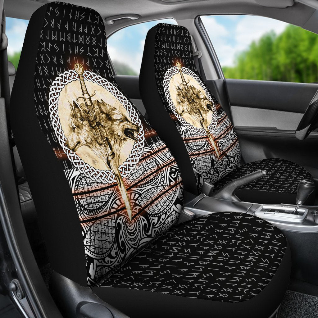 Viking Car Seat Covers Wolf and Vikings Tattoo 3D RLT12 - Wonder Print Shop