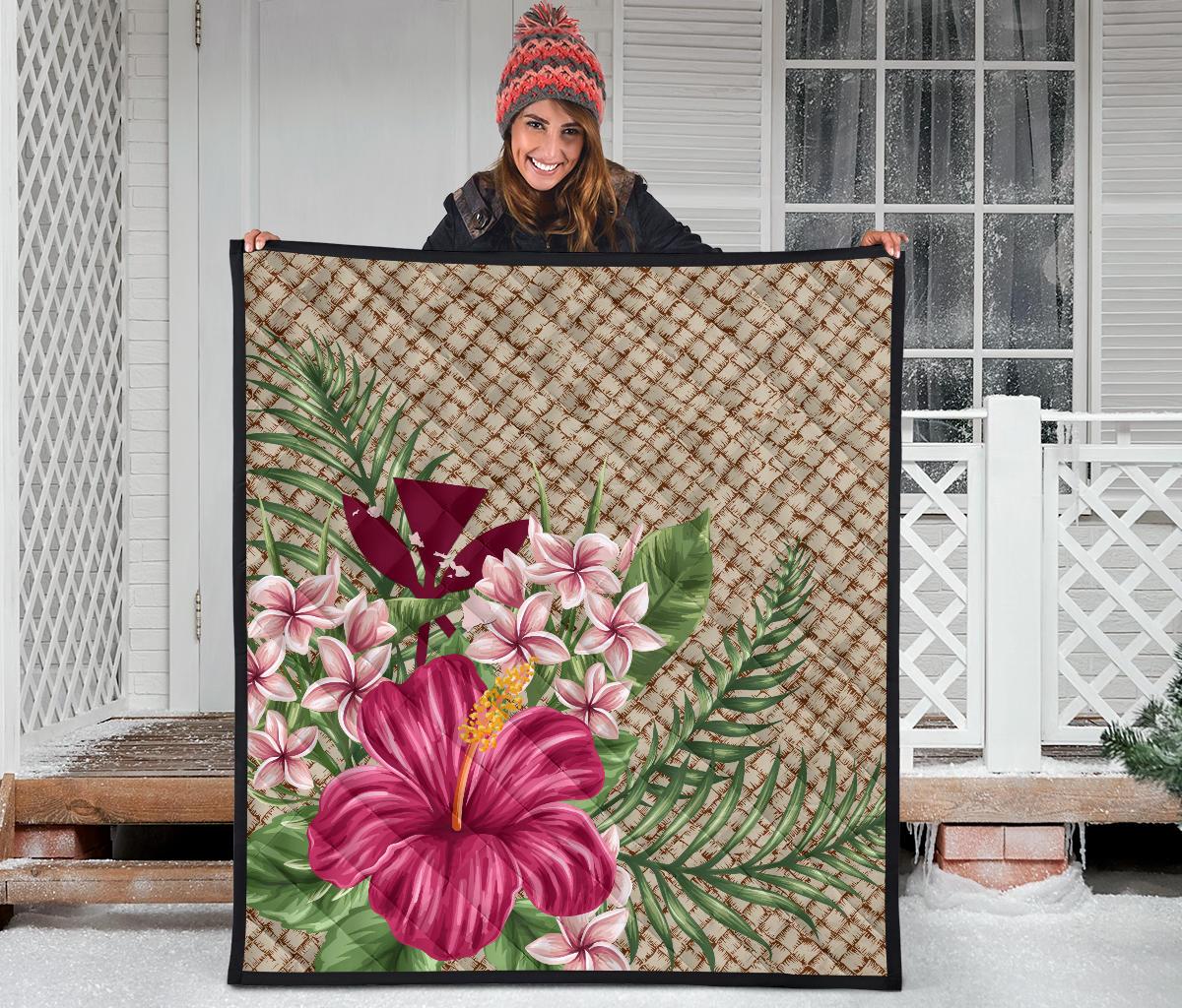 Kanaka Maoli (Hawaiian) Premium Quilt - Lauhala Hibiscus and Plumeria - Wonder Print Shop