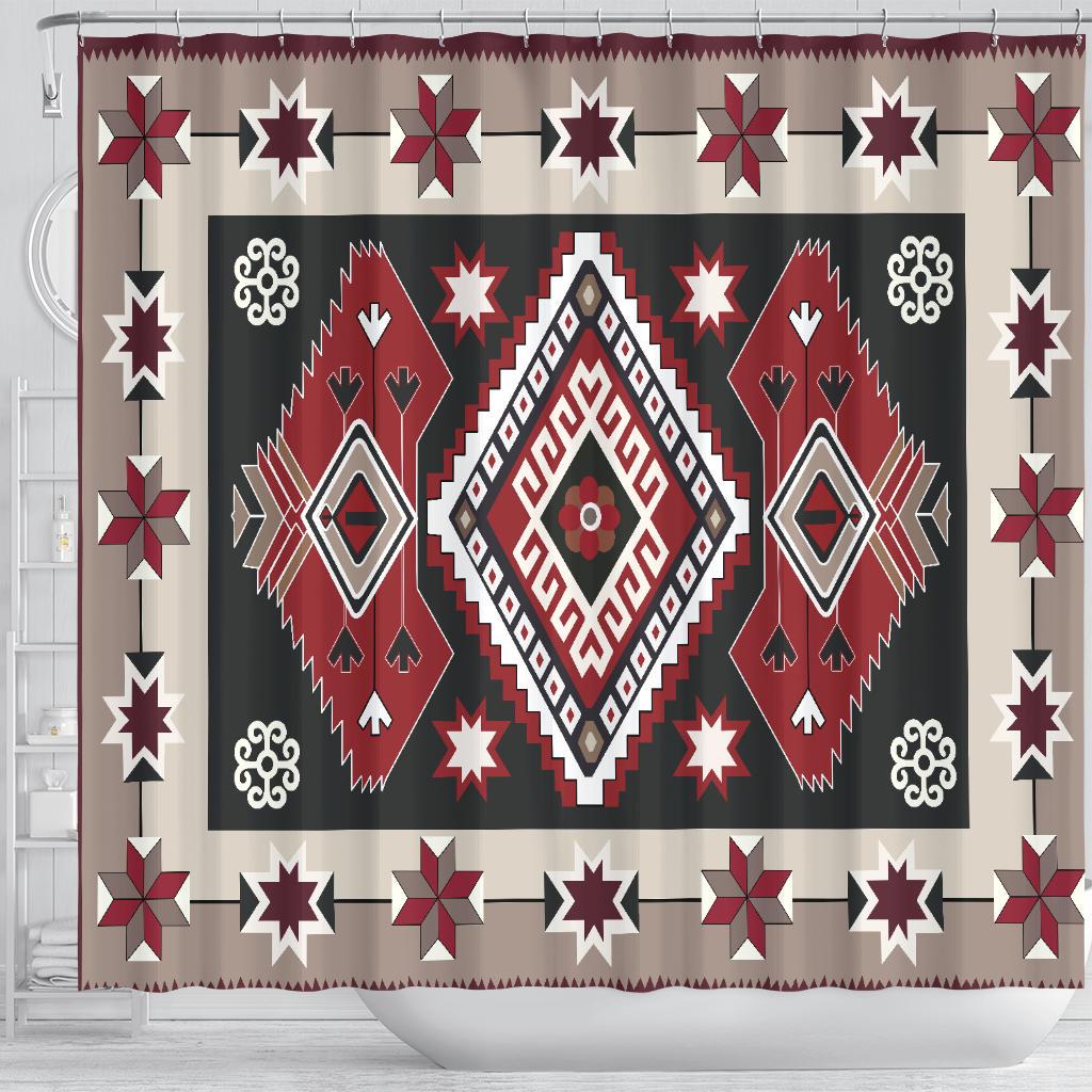 Ethnic-style shower curtain featuring red and gray diamond center with stars and scrolls