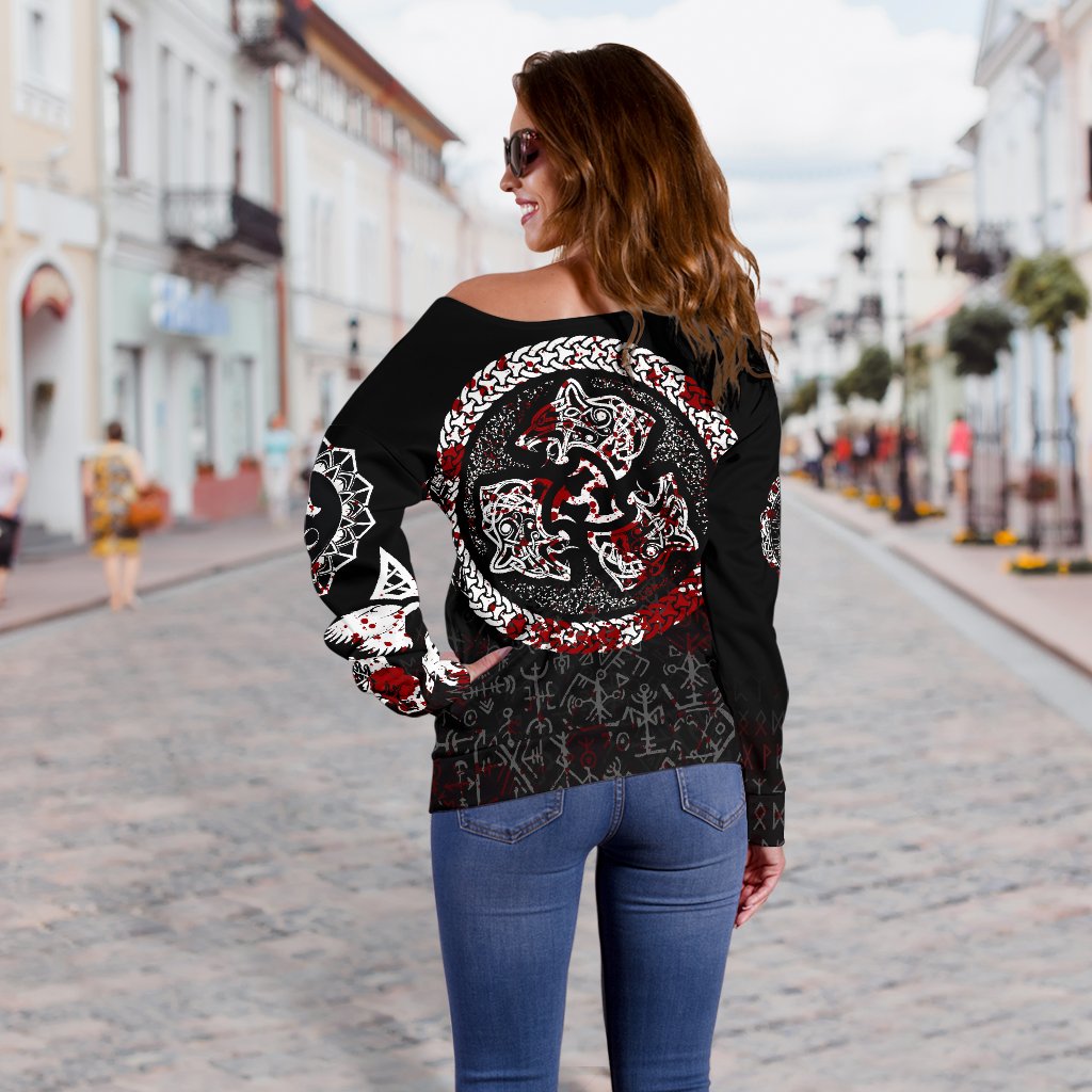 Viking Women's Off Shoulder Sweater - Fierce Blood Wolf Symbol Of A Viking Nordic RLT12 - Wonder Print Shop