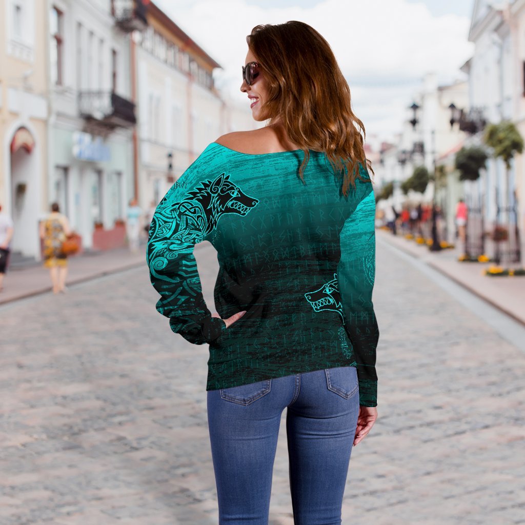 Viking Women's Off Shoulder Sweater, Skoll and Hati RLT12 - Wonder Print Shop