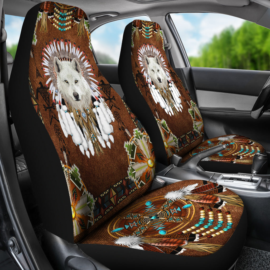 White Wolf With Headress Car Seat Cover LT10 - Wonder Print Shop