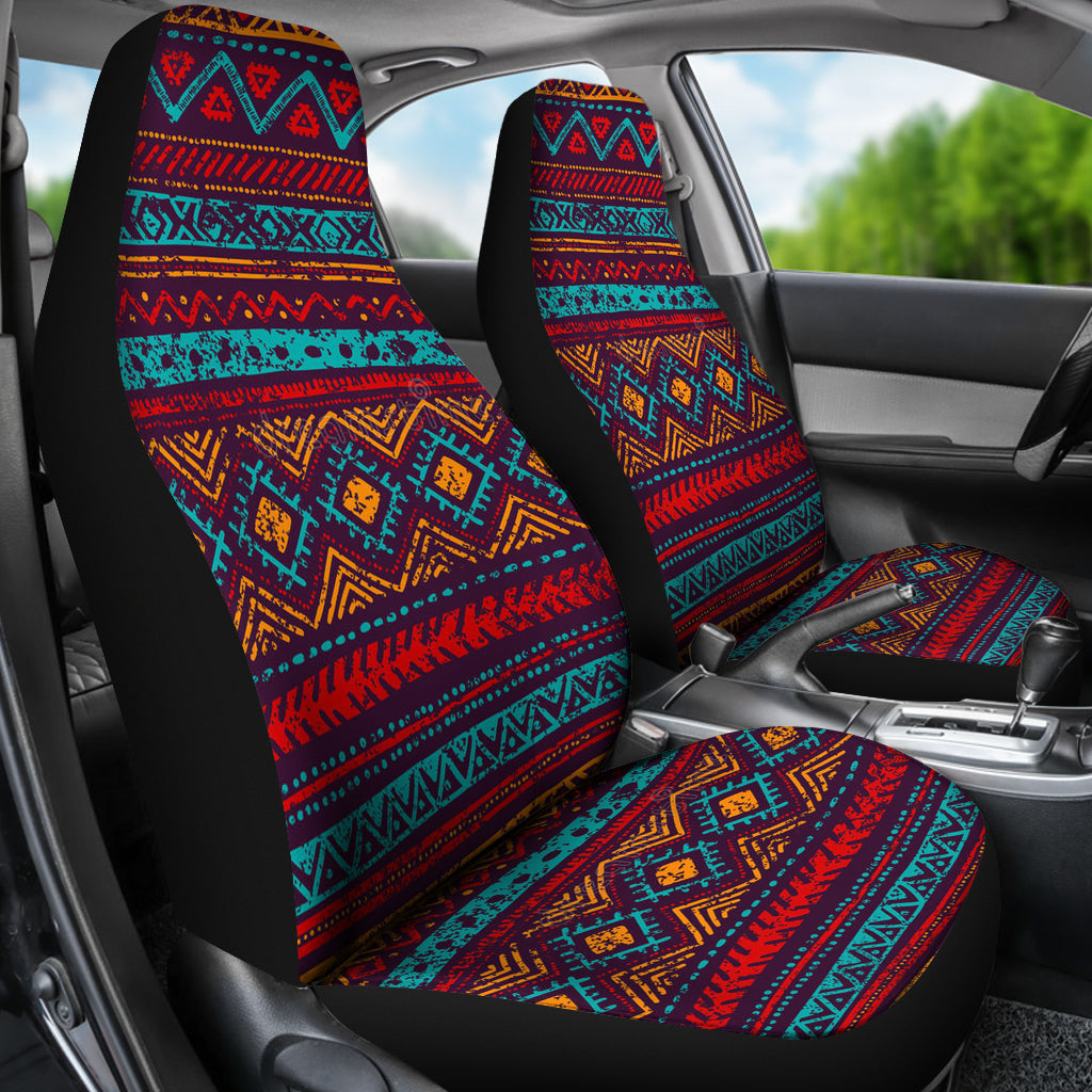 Car interior view: LT10 colorful tribal seat covers with black backing and red/teal pattern