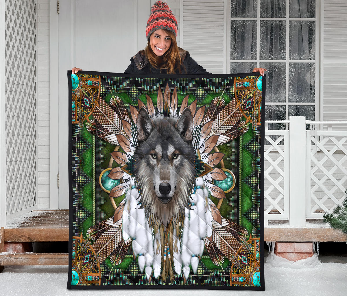 Native American Green Wolf Mandala Premium Quilt LT10 - Wonder Print Shop