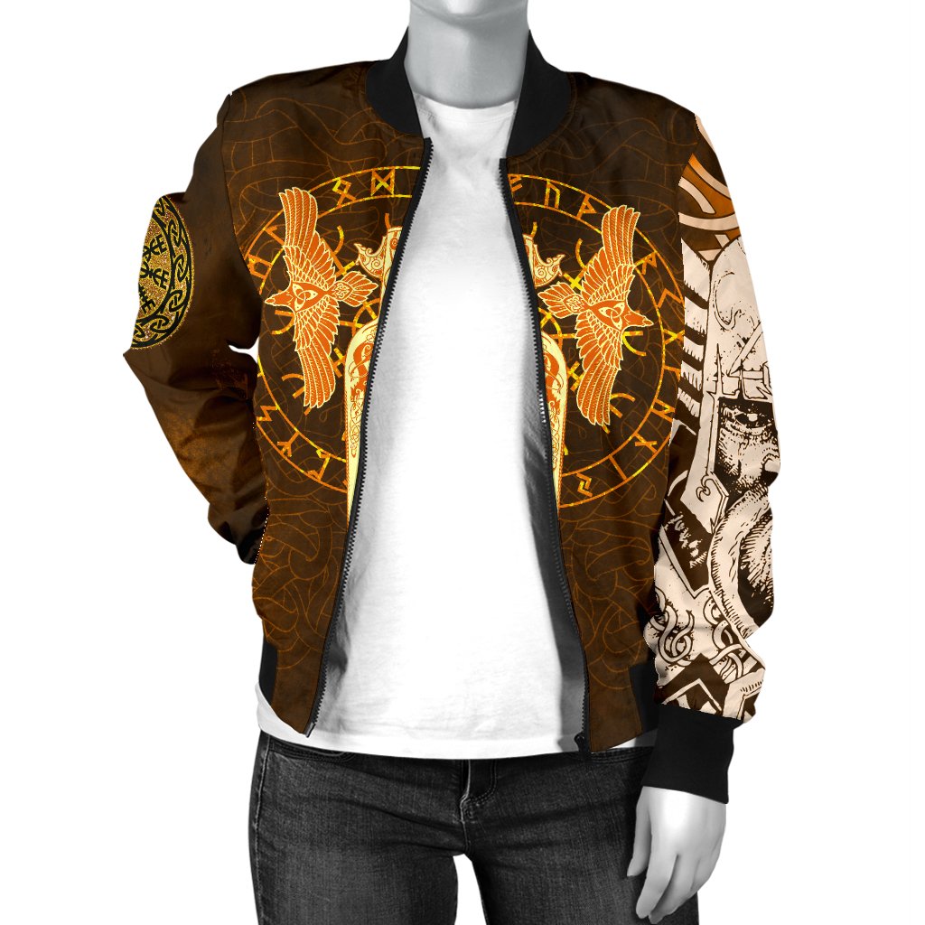 Viking Women's Bomber Jackets Gold Spear Of The God Odin - Gungnir and Two Gold Ravens RLT12 - Wonder Print Shop