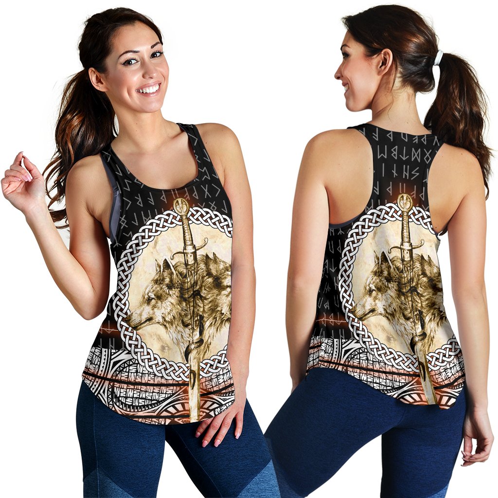 Viking Women's Racerback Tank - Wolf and Vikings Tattoo 3D RLT12 - Wonder Print Shop