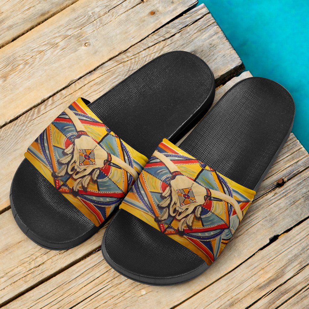 bison-skull-head-yellow-native-american-slide-sandals