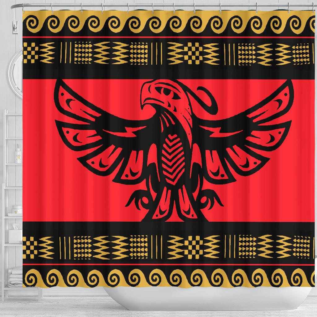 Front view red shower curtain with centered black bird emblem and gold scroll border