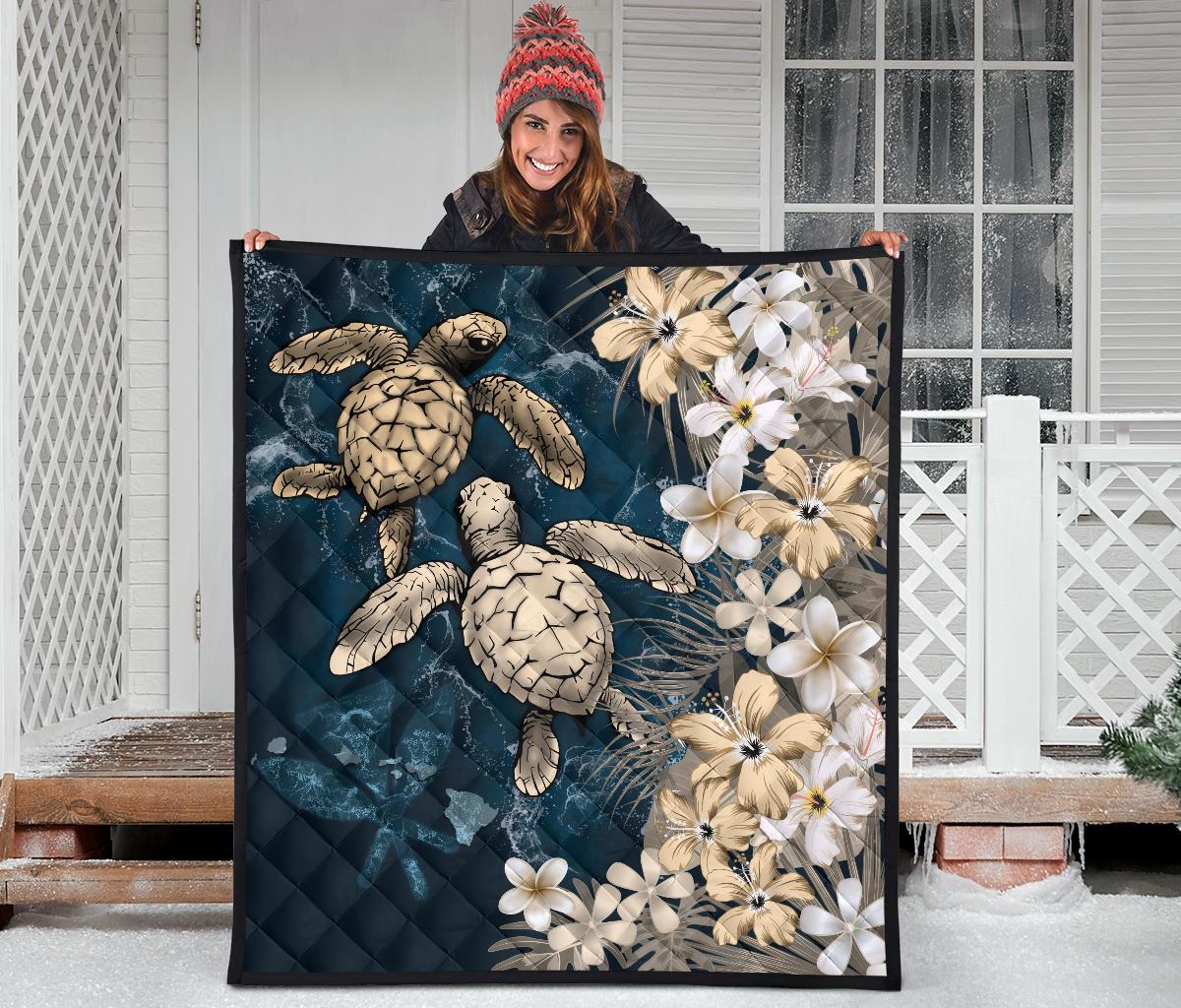 Kanaka Maoli (Hawaiian) Premium Quilt - Sea Turtle Tropical Hibiscus and Plumeria Gold - Wonder Print Shop