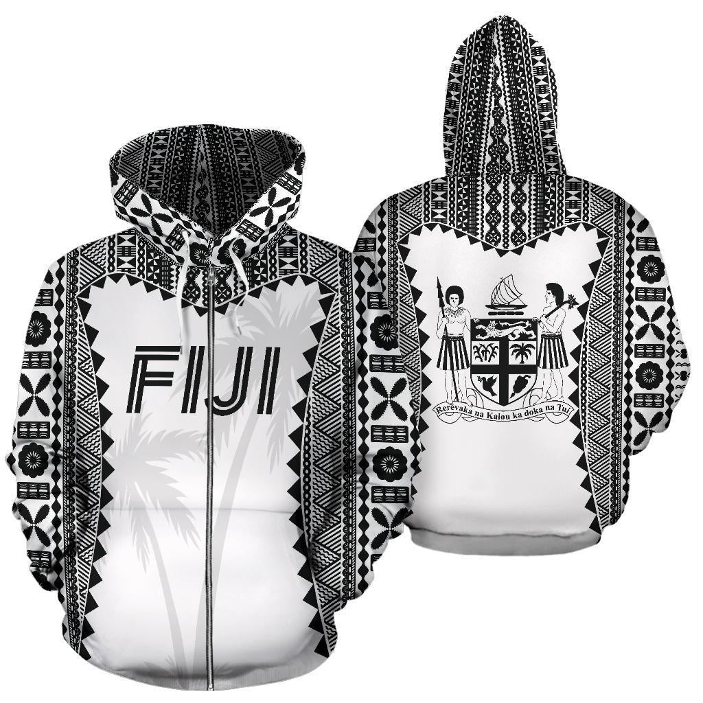 Fiji Tapa Zip Up Hoodie Fiji Coat Of Arms Coconut Tree - Wonder Print Shop