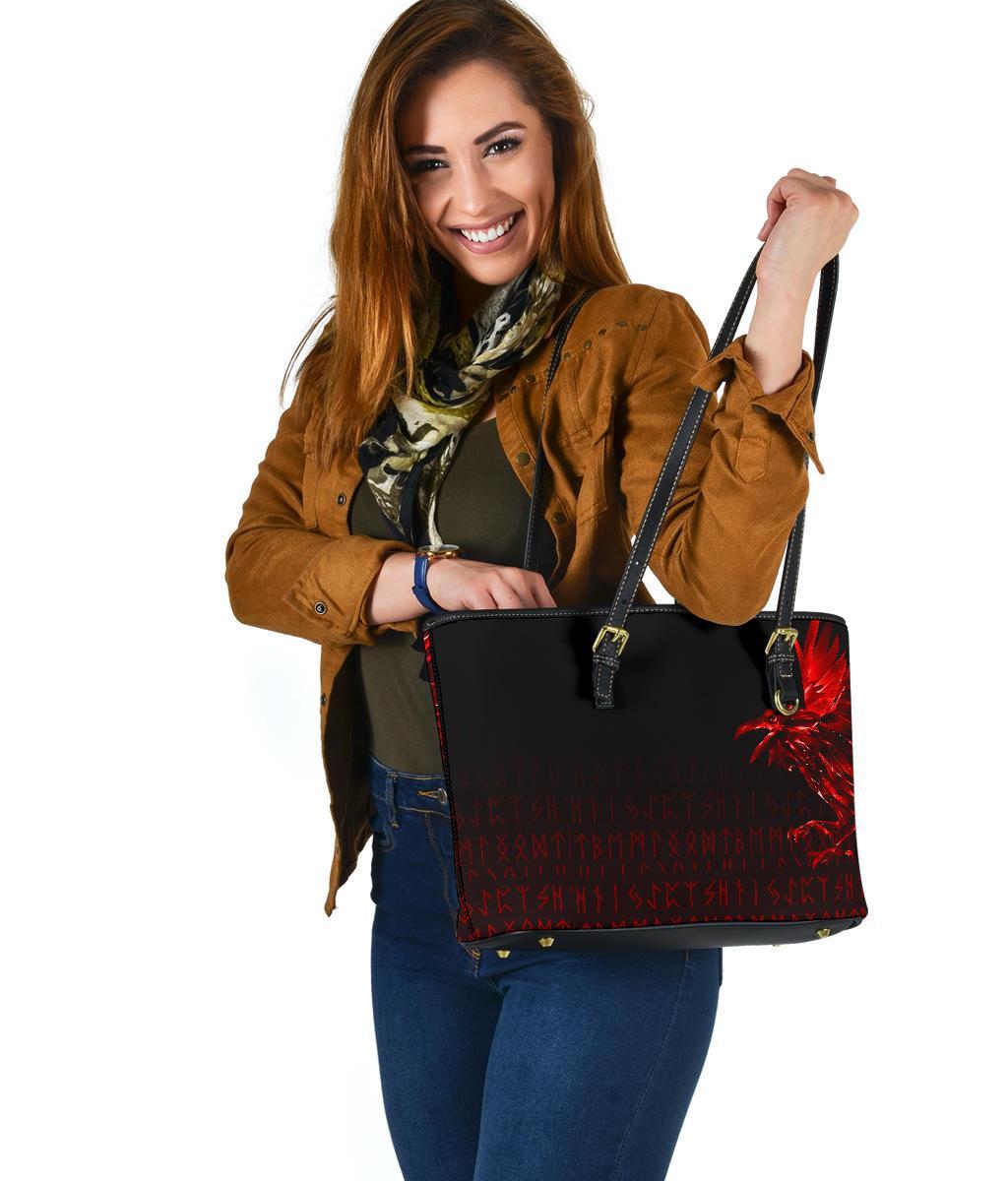 Viking Small Leather Tote Bag - The Raven Of Odin Rune, Red RLT12 - Wonder Print Shop