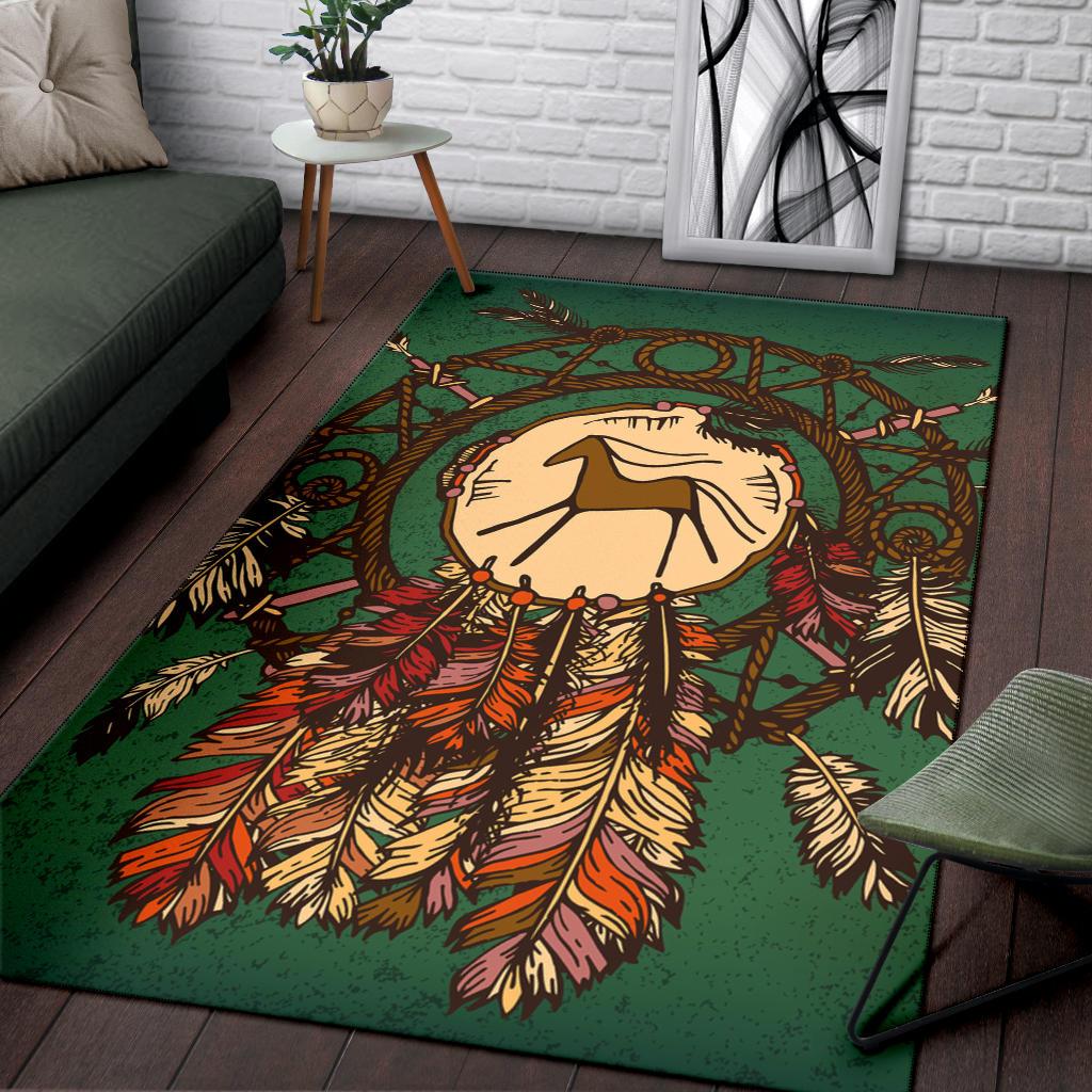 Green Native American horse area rug with circular frame and feather border in multicolor