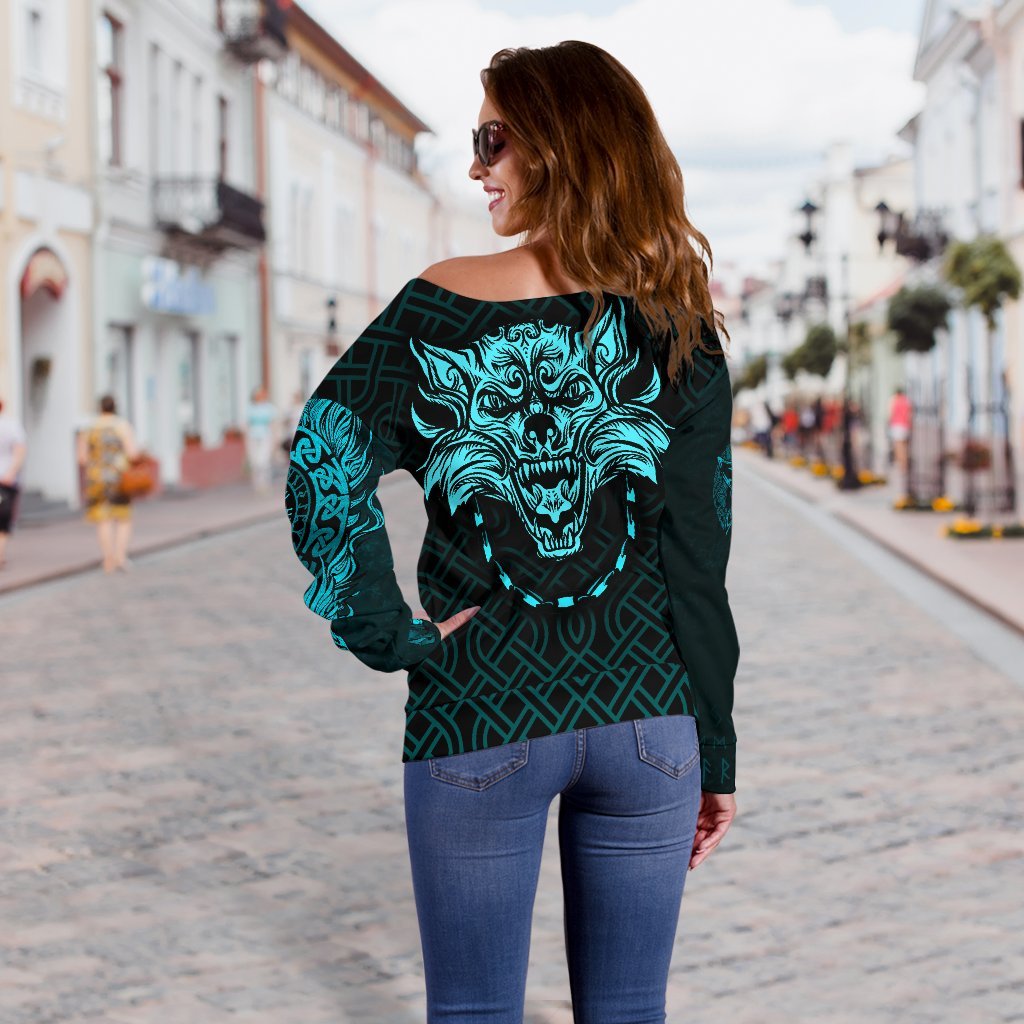Viking Women's Off Shoulder Sweater - Fenrir Viking Cyan 3D RLT12 - Wonder Print Shop