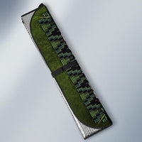 Folded green car sun shade with Native mandala border and metallic reflective backing