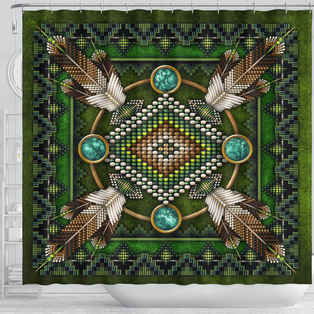 Green shower curtain with symmetrical beadwork mandala, four feather shapes, turquoise medallions