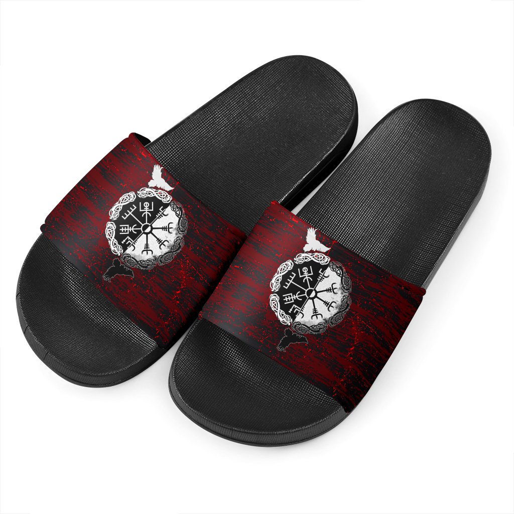 viking-slide-sandals-raven-of-odin-and-symbol-viking-on-blood-background