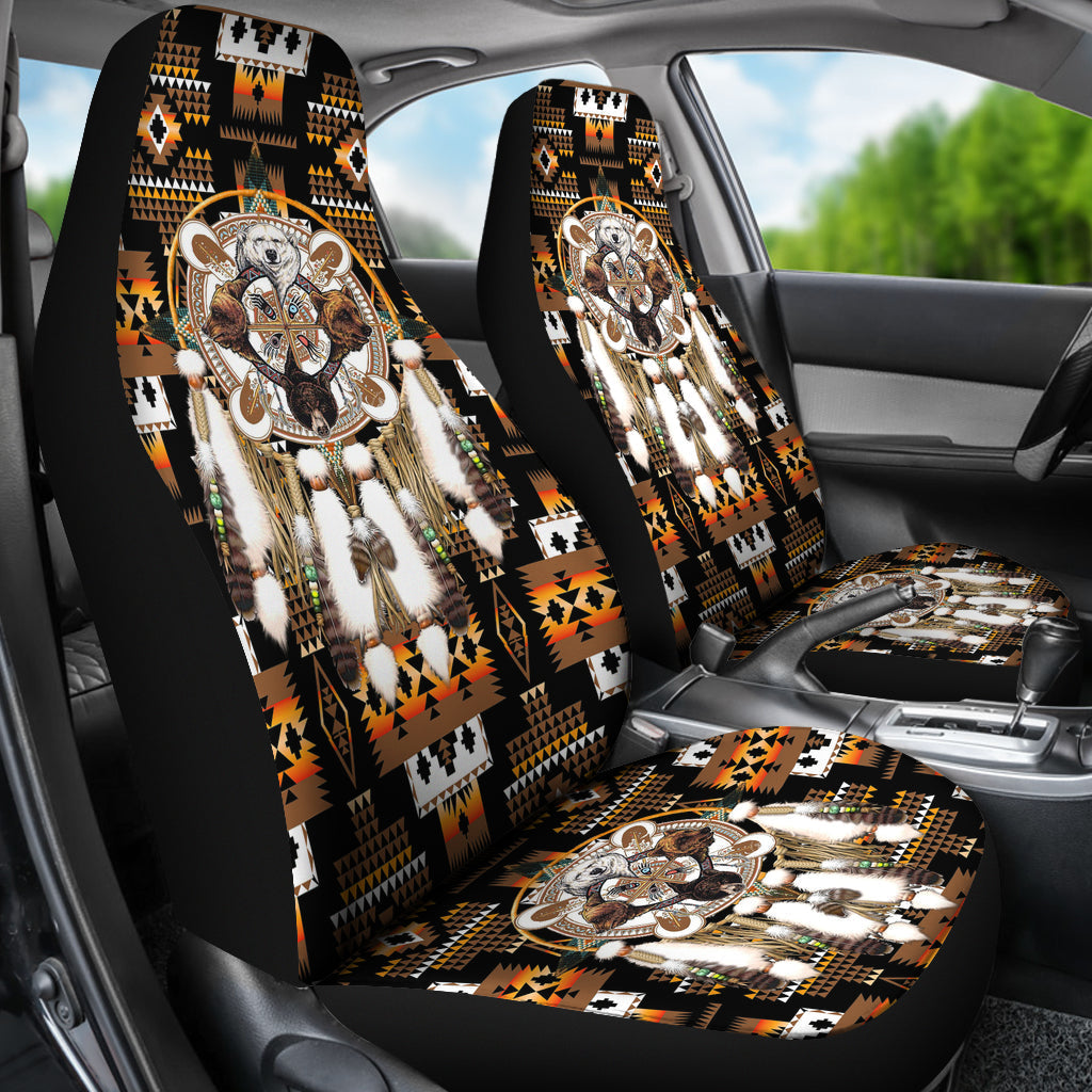 Installed car seat covers: multicolor bear dreamcatcher print with long white tassel fringe