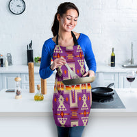 Apron worn: purple tribal pattern with black straps and multicolor geometric motifs