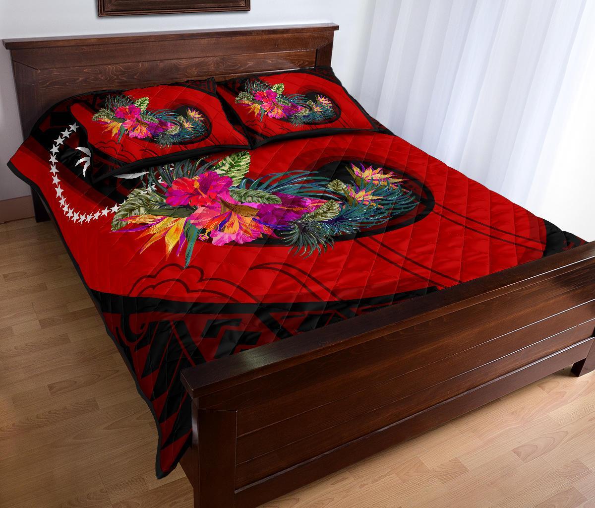 Chuuk Quilt Bed Set - Polynesian Hook And Hibiscus (Red) - Wonder Print Shop