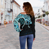 Viking Women's Off Shoulder Sweater, Fenrir Raven and Vegvisir Tattoo Cyan RLT12 - Wonder Print Shop