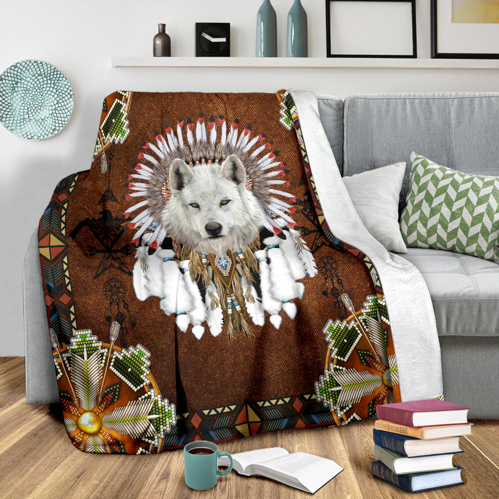 white-wolf-with-headress-feathers-blanket