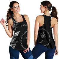Black racerback tank with Chuuk text, stars, and geometric palm print