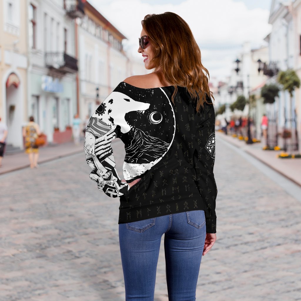 Viking Women's Off Shoulder Sweater, Skoll and Hati Rune Tattoo RLT12 - Wonder Print Shop