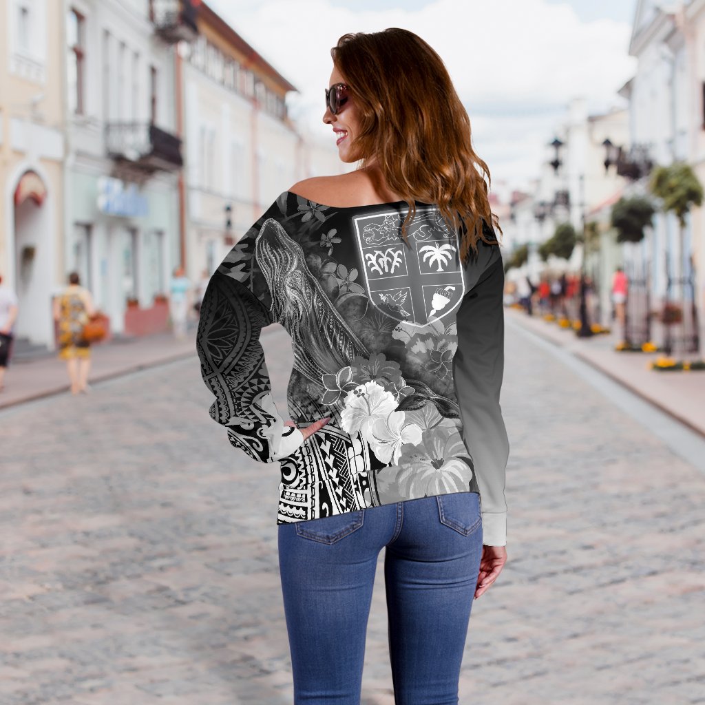 Fiji Women's Off Shoulder Sweater - Humpback Whale with Tropical Flowers (White) - Wonder Print Shop