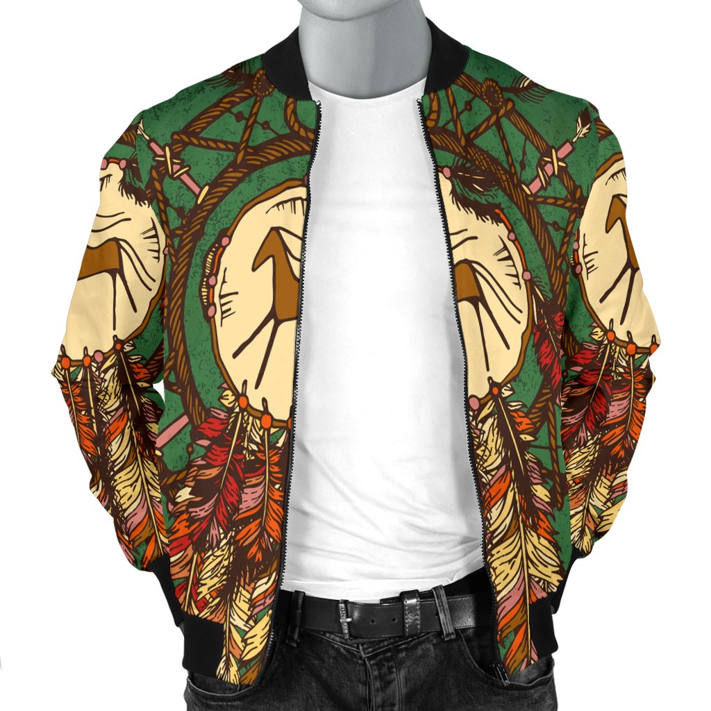 Front close-up: green bomber jacket with Native American horse graphic, black zipper and collar
