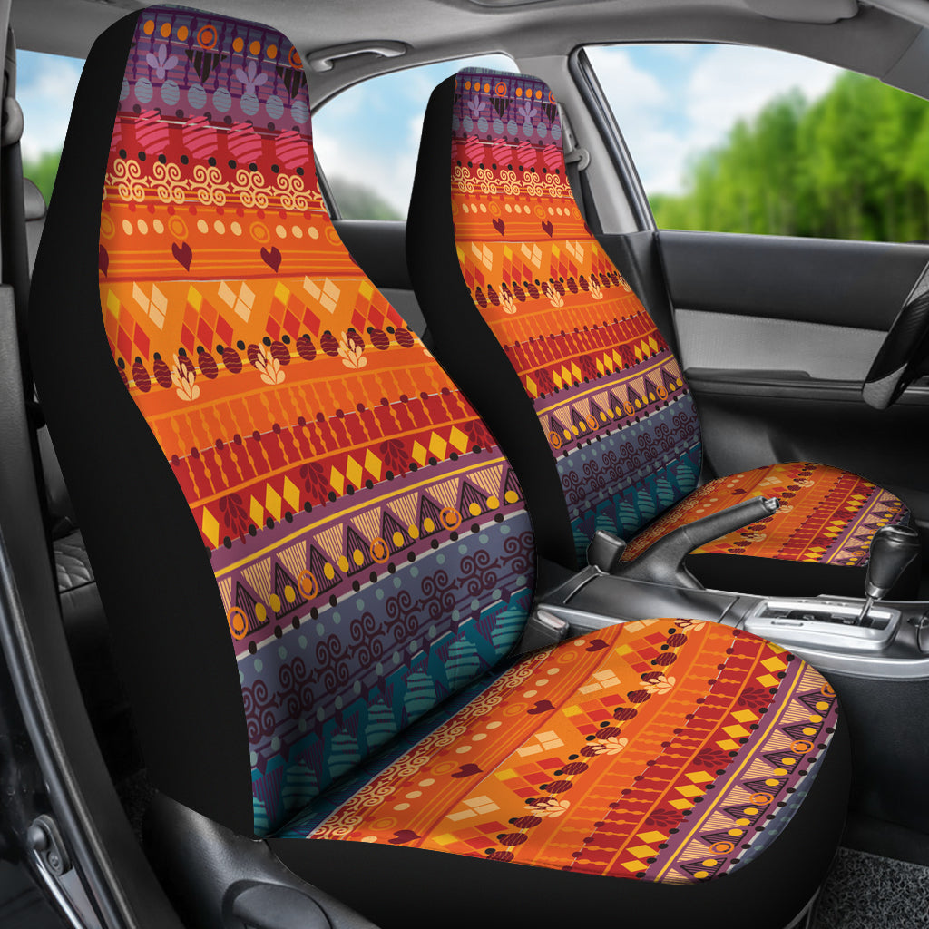 Rear seat car seat cover with colorful tribal seamless pattern; orange cushion and backrest
