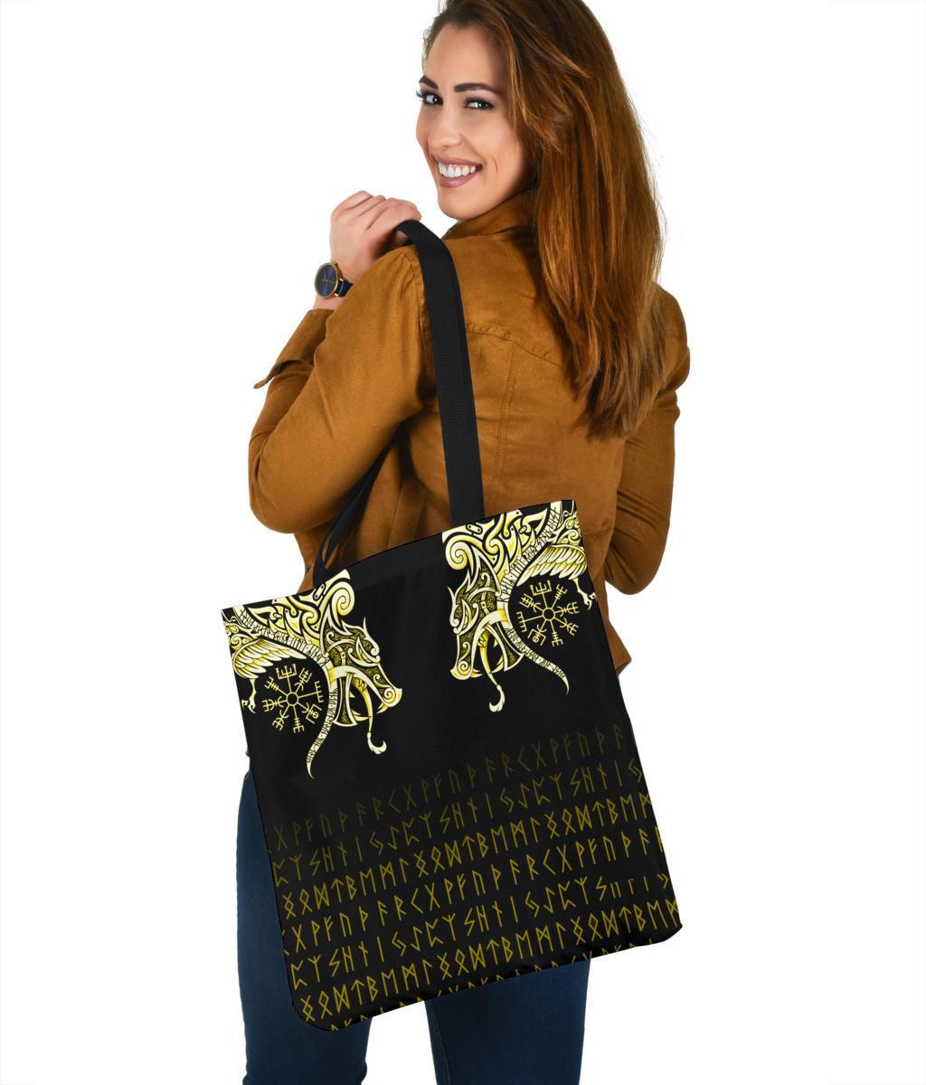 viking-tote-bag-fenrir-raven-and-vegvisir-tattoo-yellow