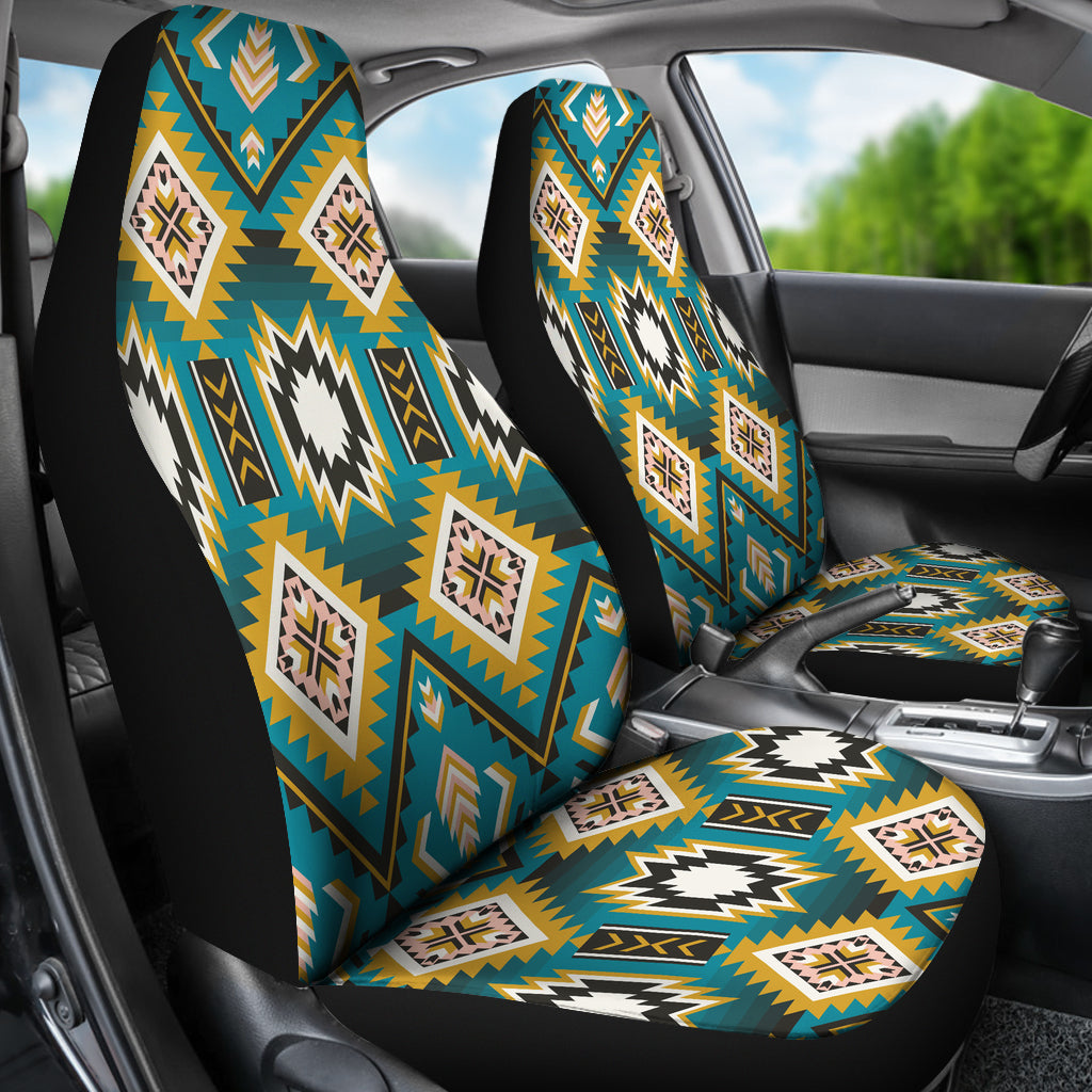Turquoise geometric car seat covers with patterned headrests and matching seat cushion