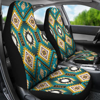 Turquoise geometric car seat covers with patterned headrests and matching seat cushion