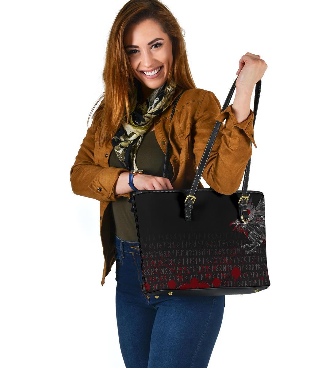 Viking Small Leather Tote Bag - The Raven Of Odin Rune Blood RLT12 - Wonder Print Shop