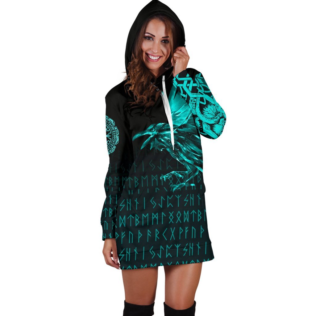 Viking Hoodie Dress The Raven Of Odin Rune Cyan RLT12 - Wonder Print Shop