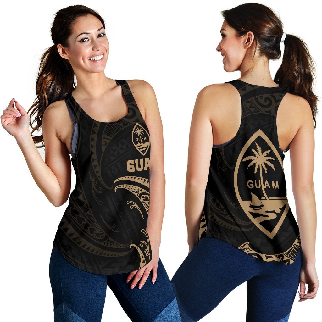 Black racerback tank front and back angles with gold Guam crest and wave motif