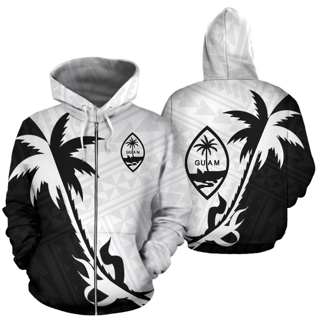 Guam Zip Up Hoodie Guam Coat of Arms Coconut Tree Black White - Wonder Print Shop