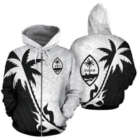 Guam Zip Up Hoodie Guam Coat of Arms Coconut Tree Black White - Wonder Print Shop