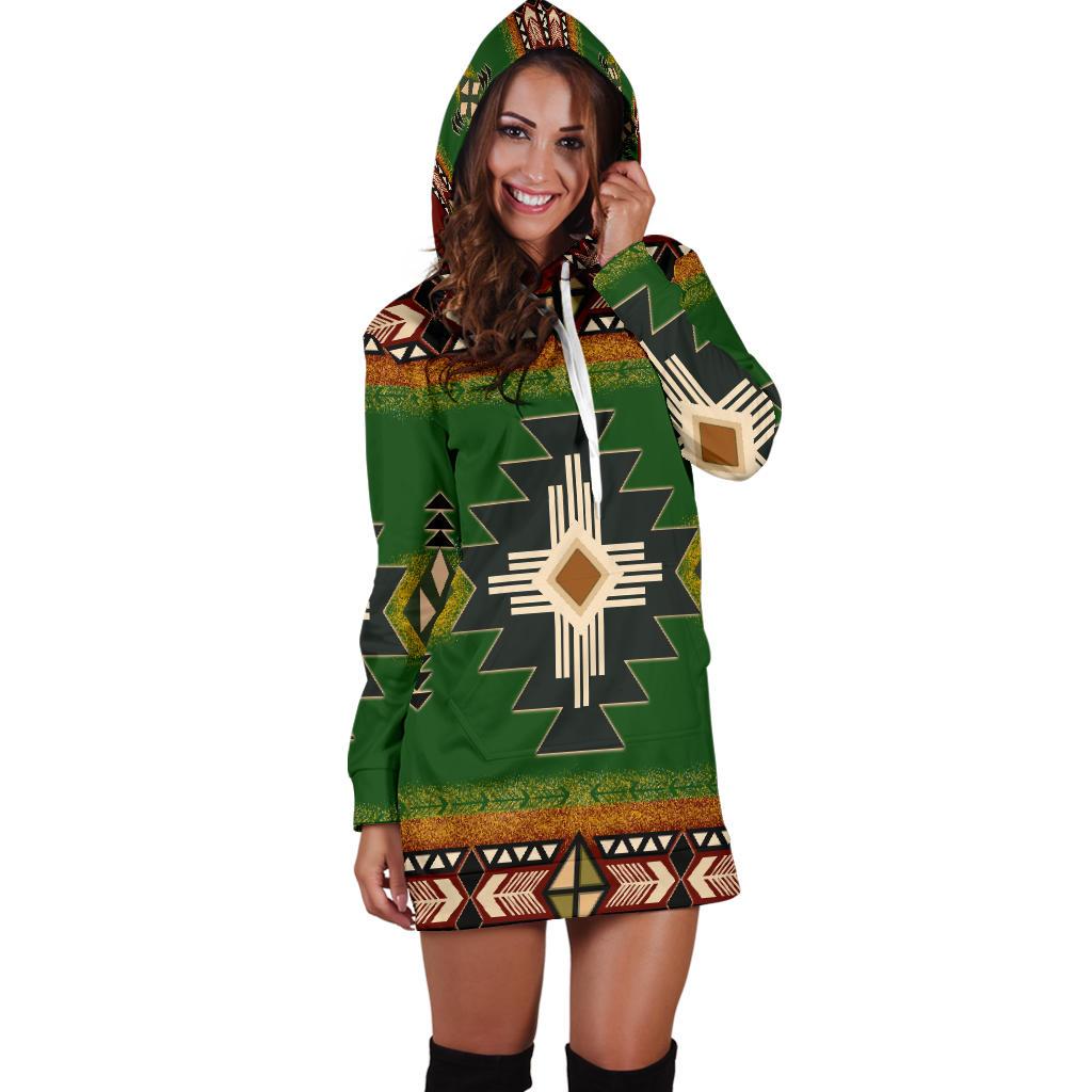 Indigenous Design Green Native American Hoodie Dress LT10 - Wonder Print Shop