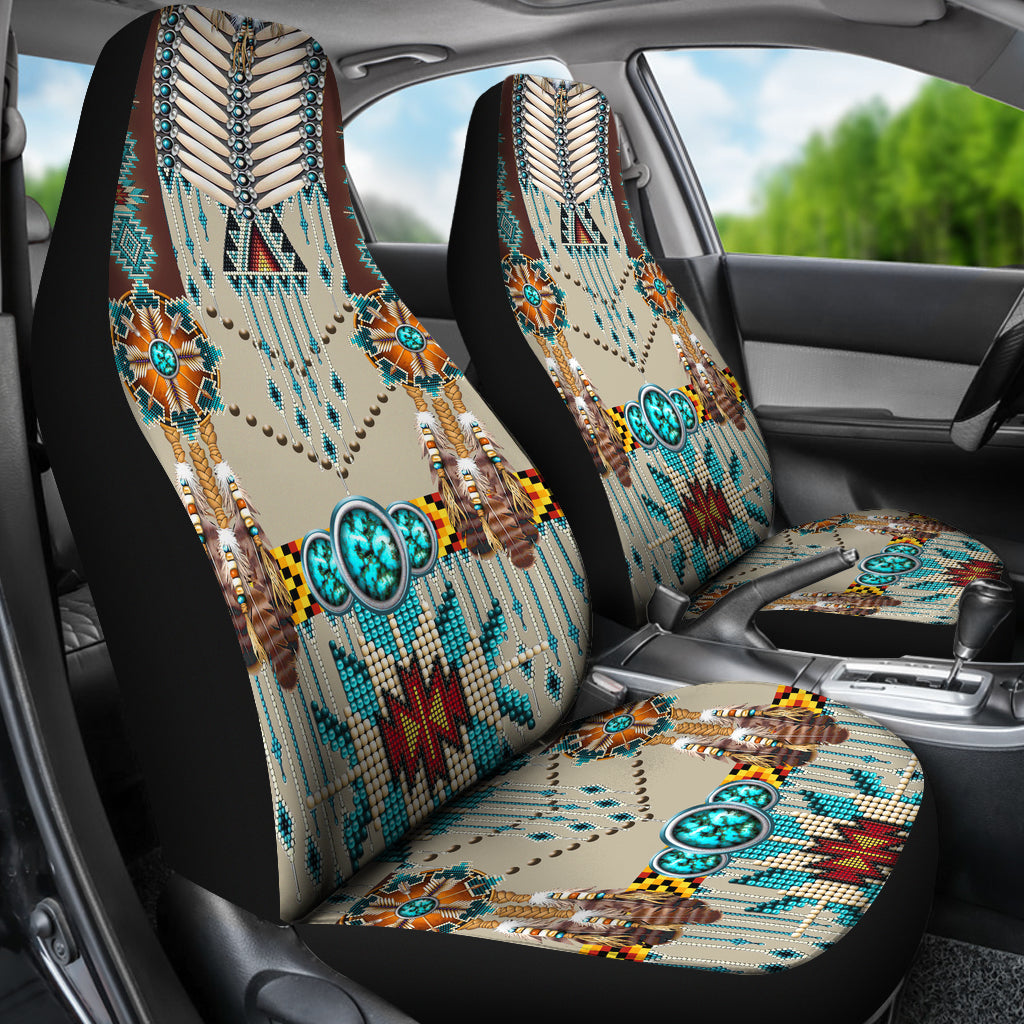 Turquoise blue boho patterned seat covers on front seats, with turquoise round medallions