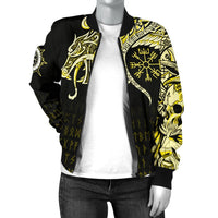 Viking Women's Bomber Jacket, Fenrir Raven and Vegvisir Tattoo Yellow RLT12 - Wonder Print Shop