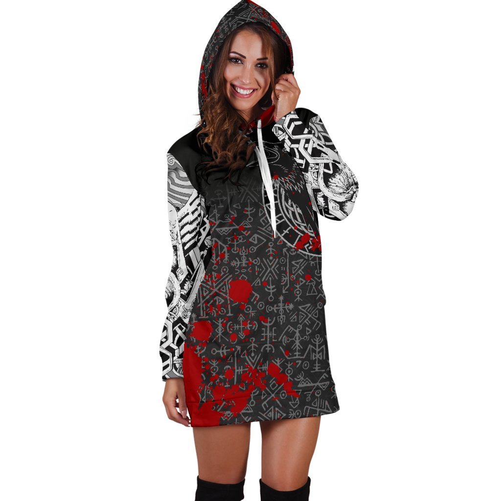 Viking Hoodie Dress Odin Raven Rune Futhark Blood RLT12 - Wonder Print Shop