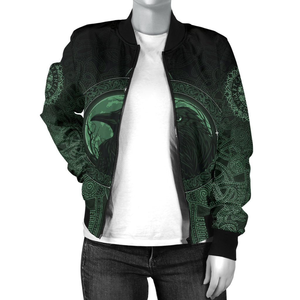 Viking Women's Bomber Jacket, Ethnic Odin Raven Green RLT12 - Wonder Print Shop